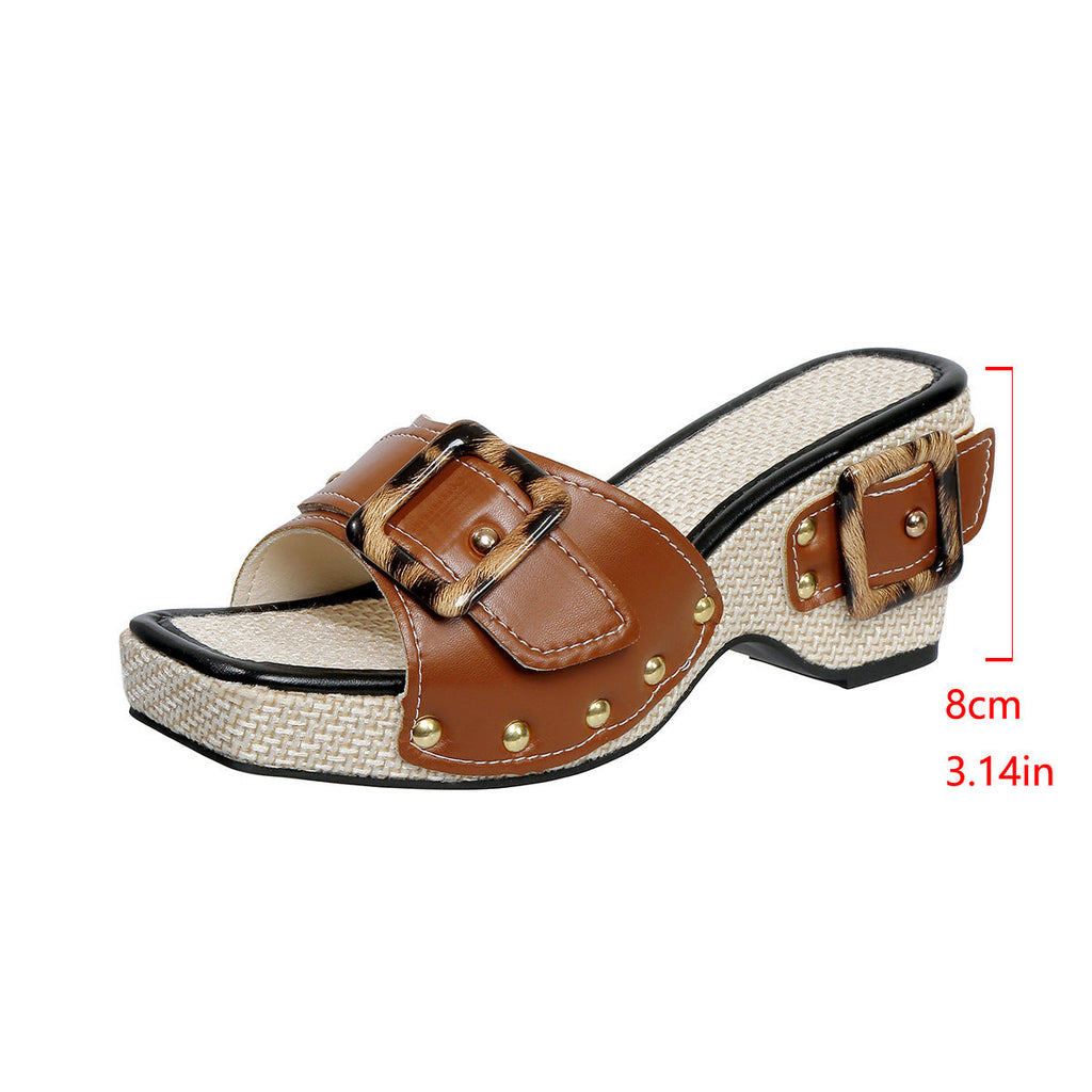 Women's Peep Toe Buckle Platform Mules with Leopard Print & Woven Block Heel