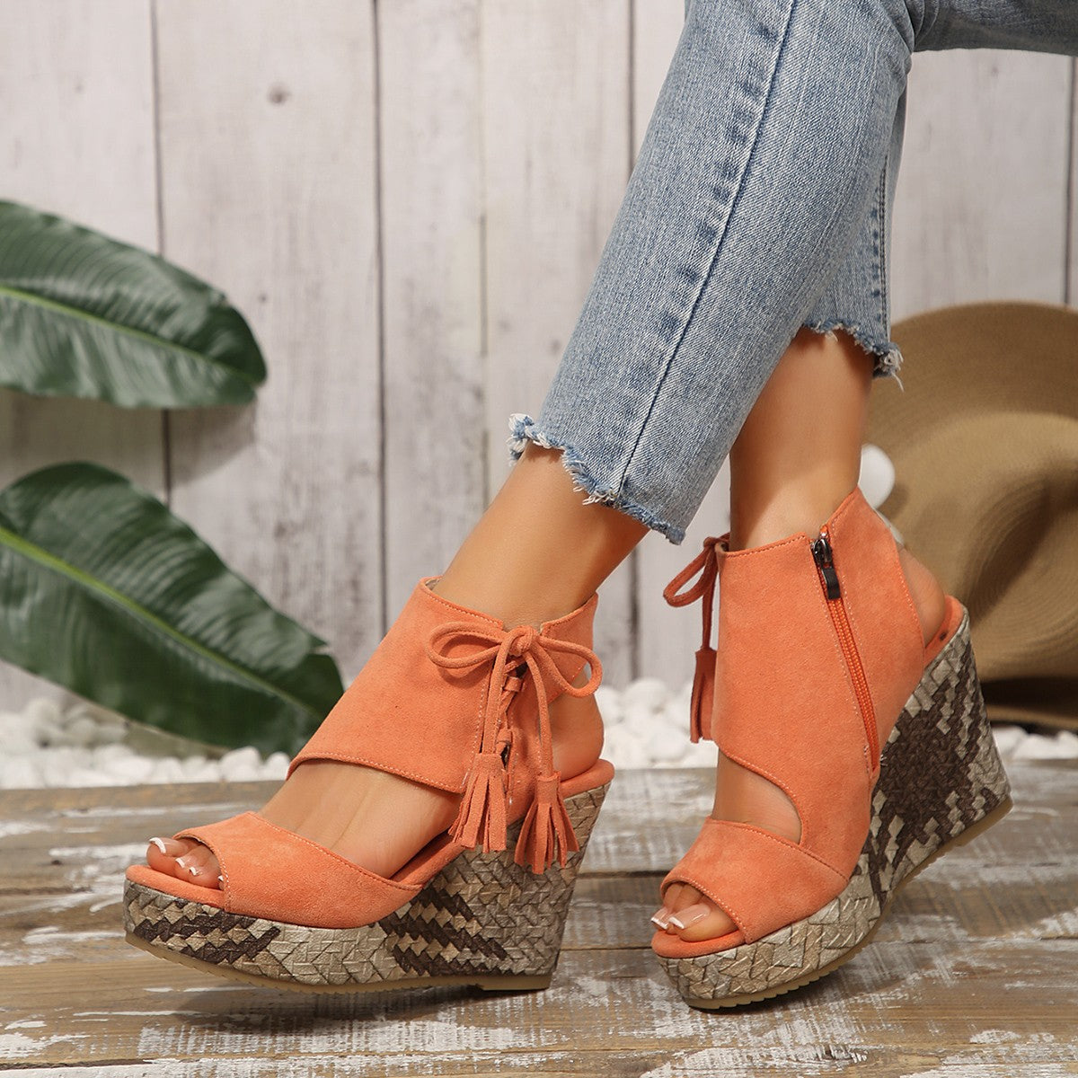 Women's Peep Toe Woven Wedge Platform Sandals with Tassel Ankle Tie
