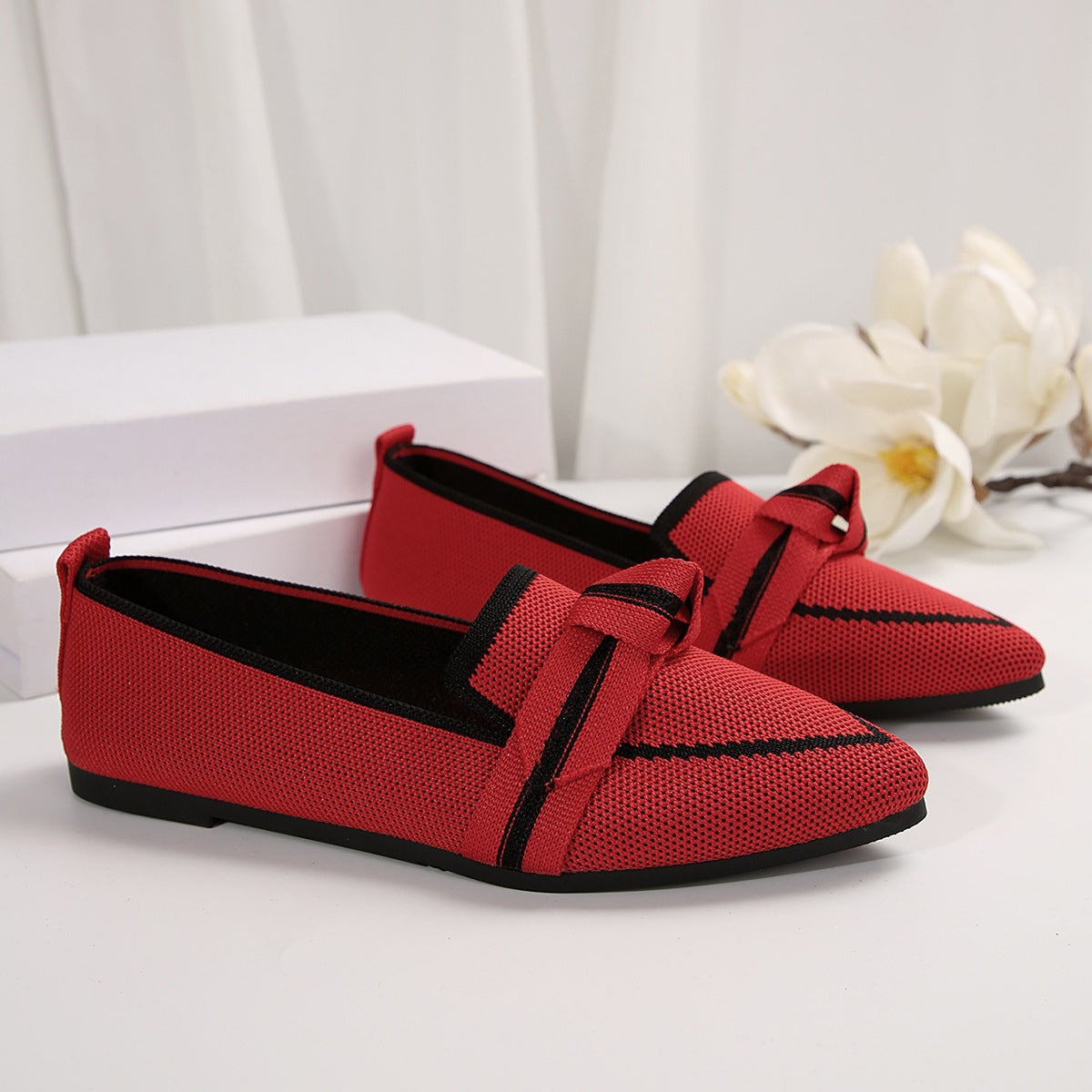 Women's Pointed Toe Knit Bow Loafers - Breathable Mesh Slip-On Flats