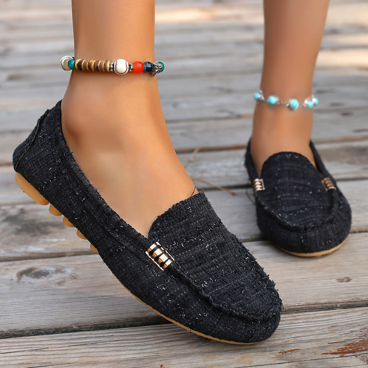 Women's Casual Slip-On Loafers with Decorative Metal Buckle