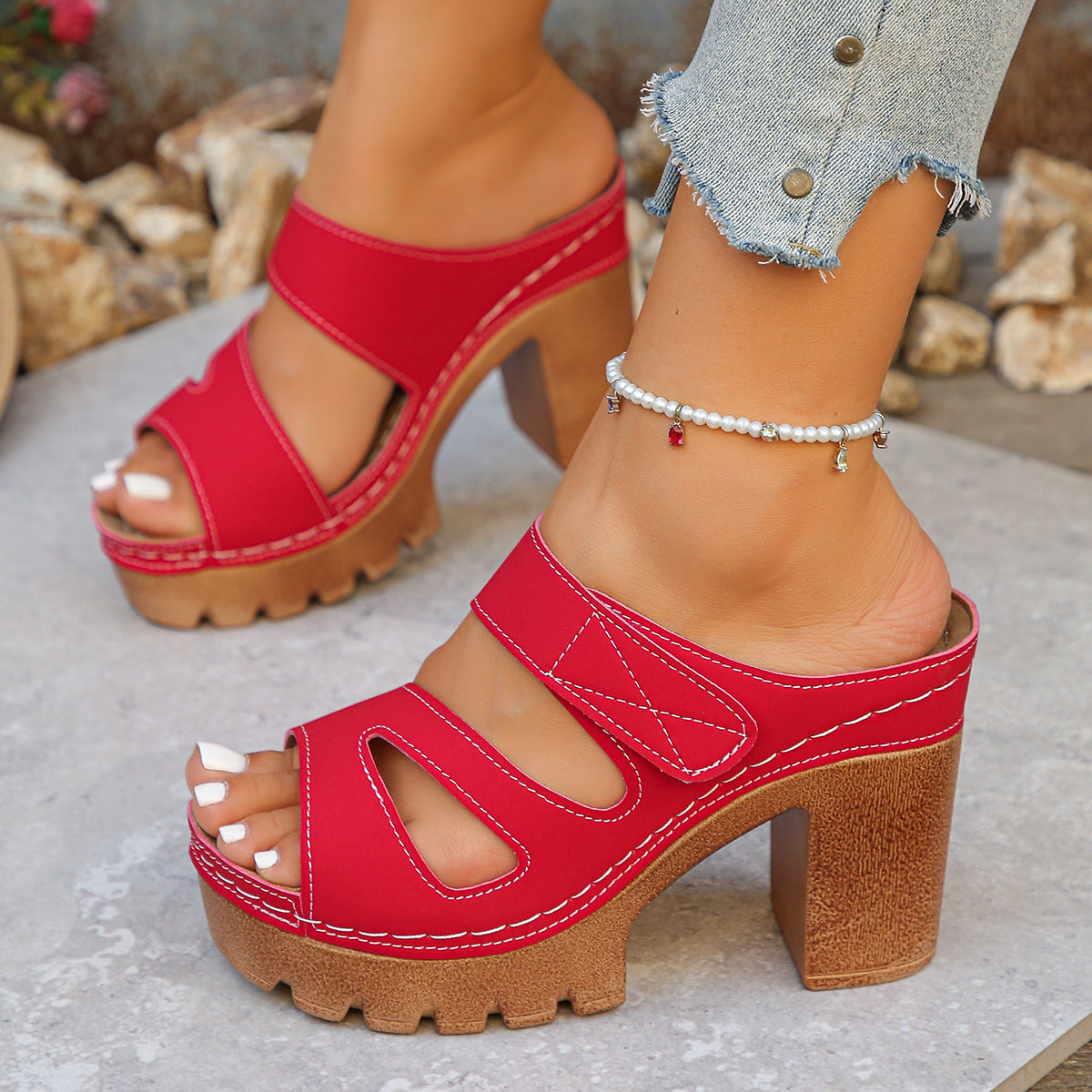 Women's 10.5cm Chunky Platform Wedge Sandals Peep Toe Cutout Velcro Strap Mules