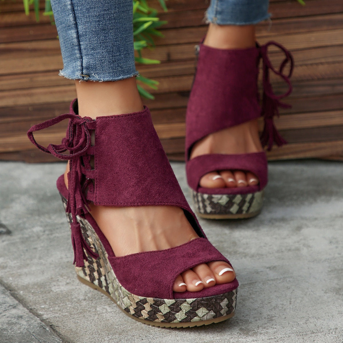 Women's Peep Toe Woven Wedge Platform Sandals with Tassel Ankle Tie