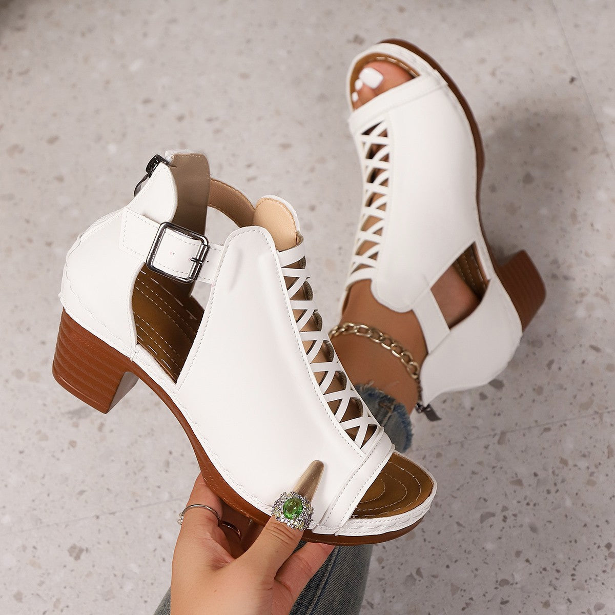 Women's Crisscross Cutout Peep Toe Block Heel Sandals – Ankle Buckle Strap Chunky Heels
