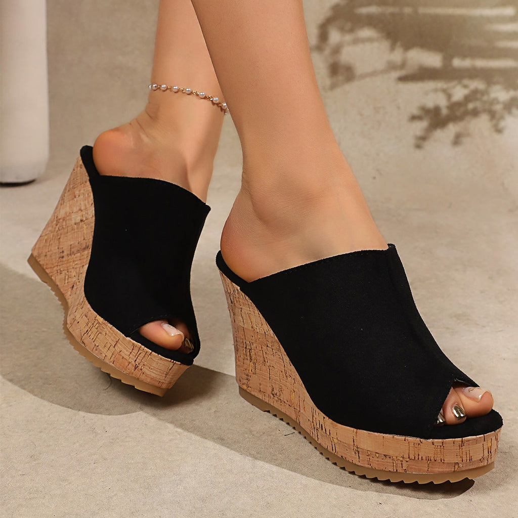 Platform Cork Wedge Mules with Open Toe