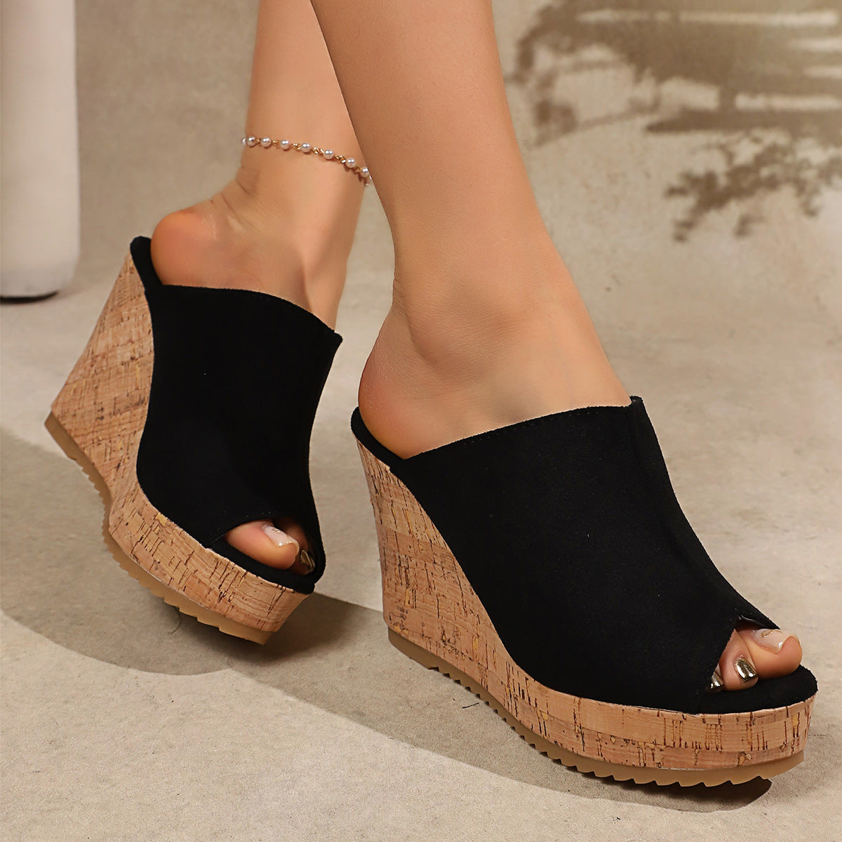 Platform Cork Wedge Mules with Open Toe