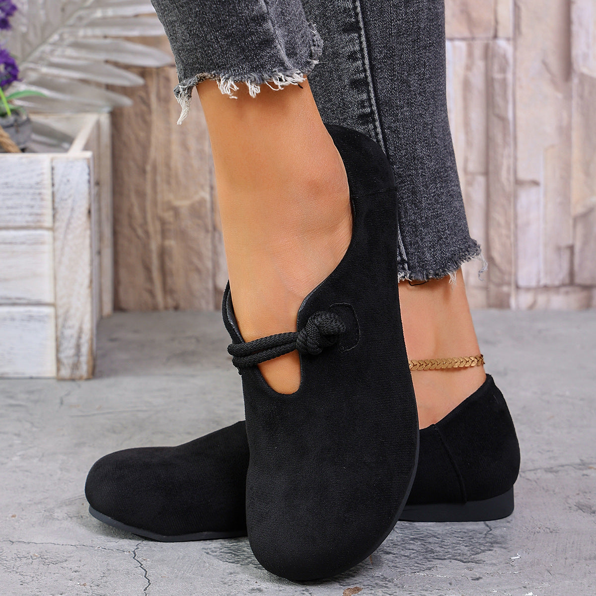 Women's Knot Strap Suede Mary Jane Flats – Comfortable Casual Low Heel Shoes