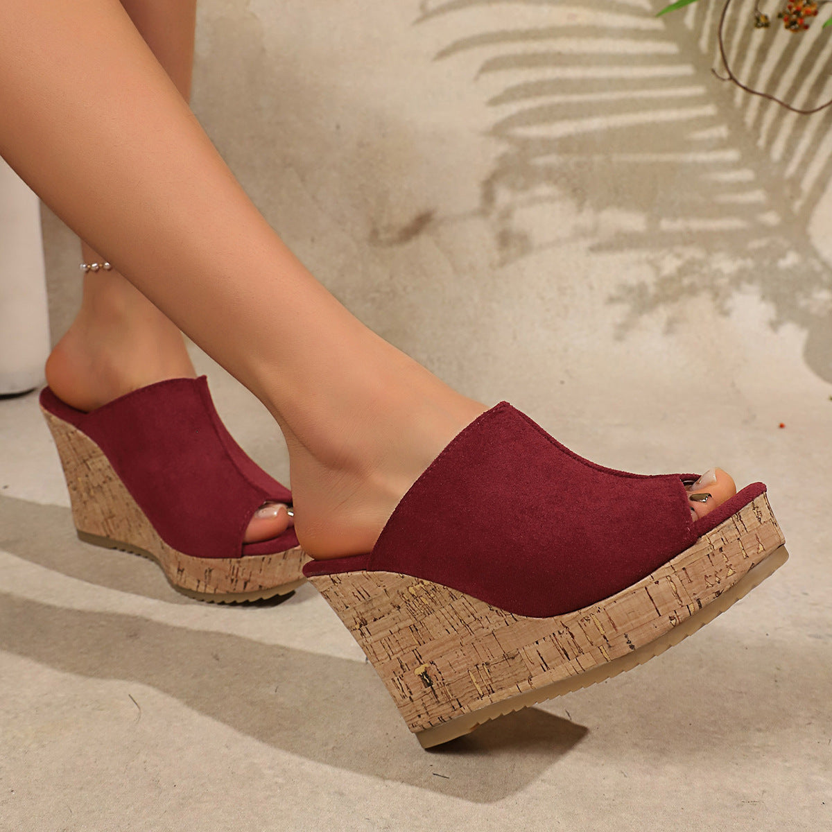 Platform Cork Wedge Mules with Open Toe
