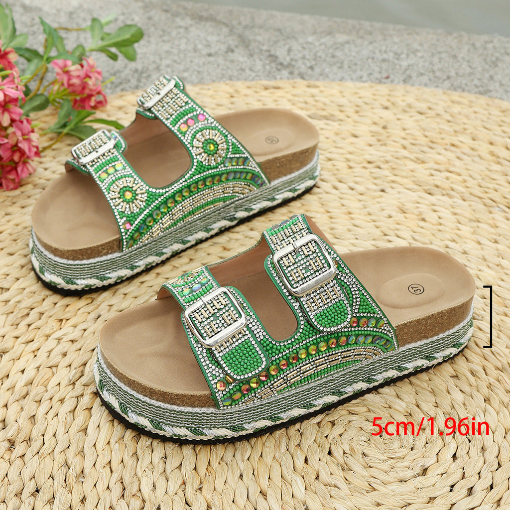 Women's Rhinestone Double Buckle Platform Sandals – Chunky Beaded Summer Slides