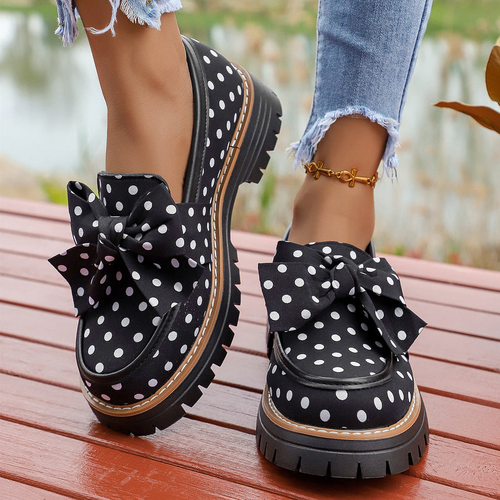 Women's Polka Dot Bow Platform Loafers – Chunky Lug Sole Slip-On Loafers