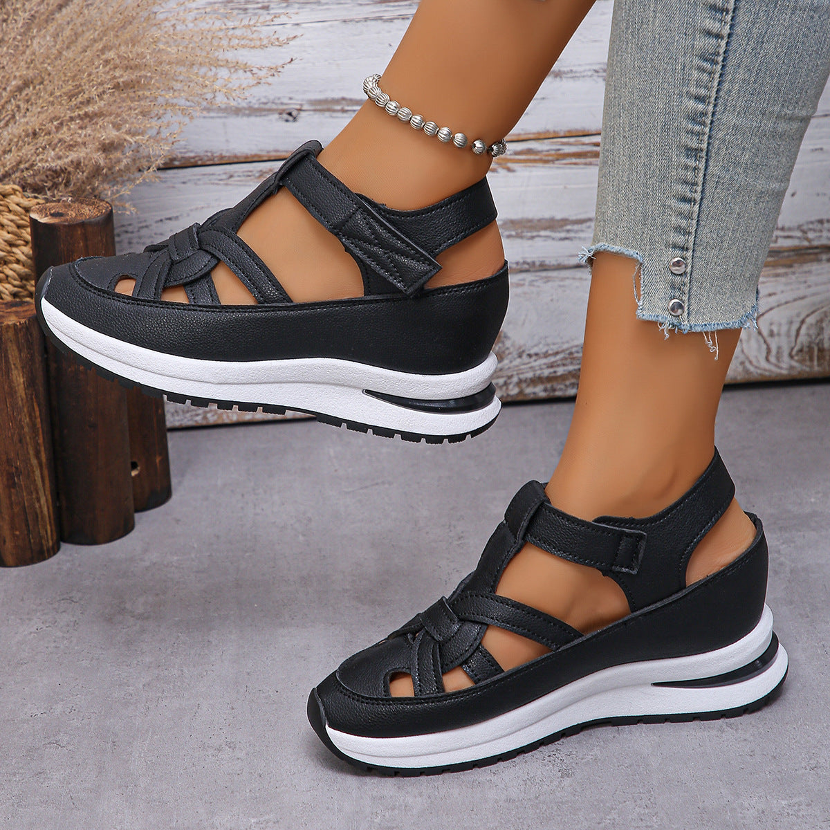Women's Platform Wedge Sandals - Comfortable Braided Strap Velcro Sporty Sandals
