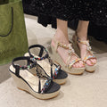 Chic 9CM Platform Wedge Sandals for Women - Braided Rhinestone Strappy Summer Heels