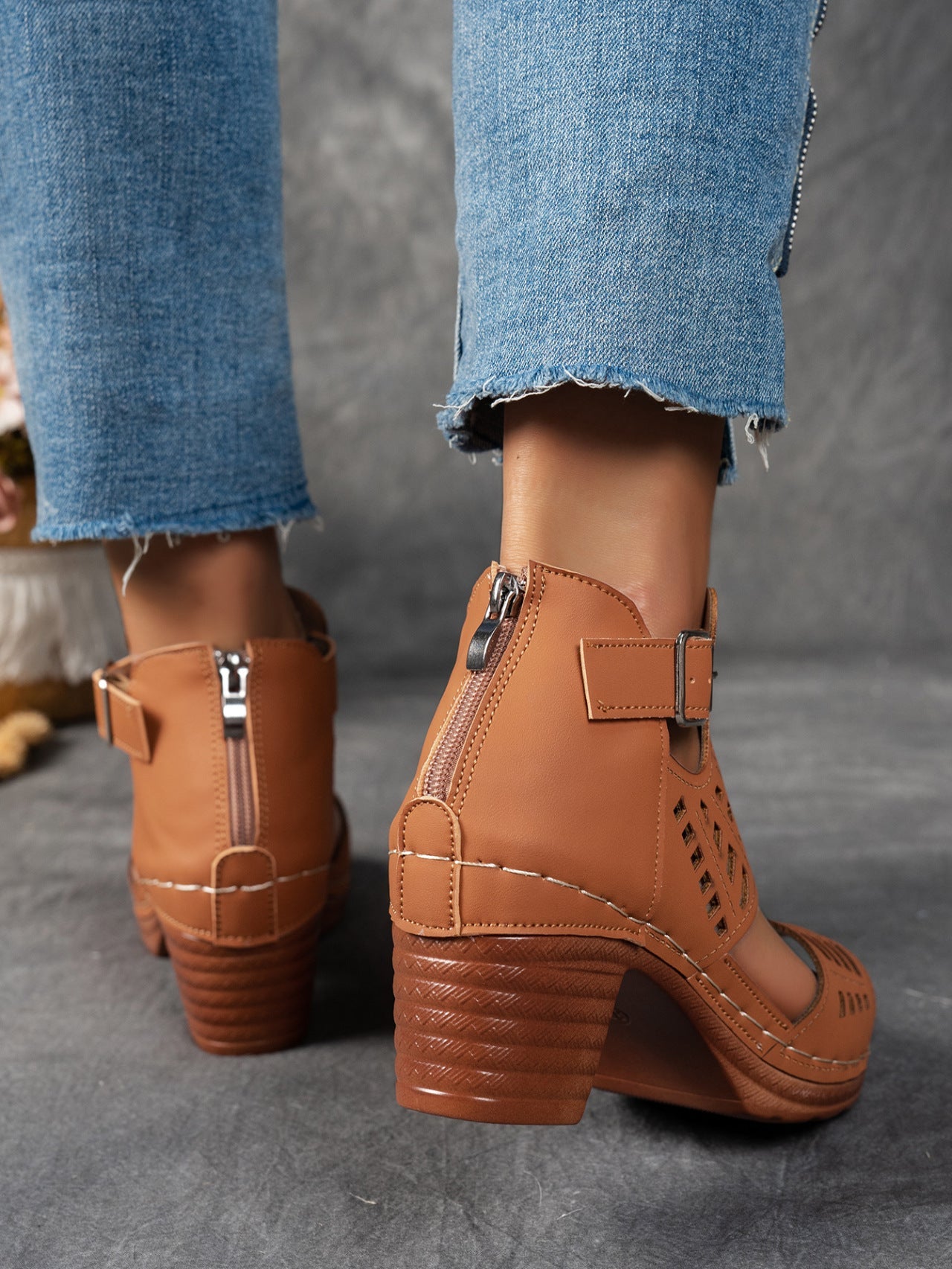 Women's Cutout Peep Toe Block Heel Sandals with Ankle Buckle & Zipper