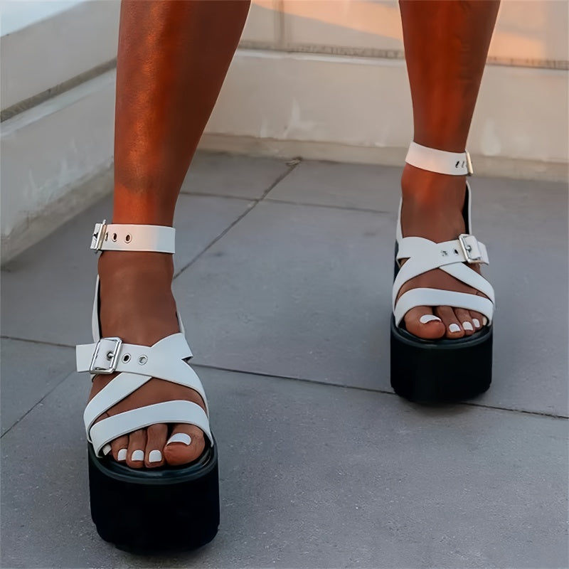 Chunky Platform Crisscross Strappy Sandals with Ankle Buckle – Women's Thick Sole Platform Sandals
