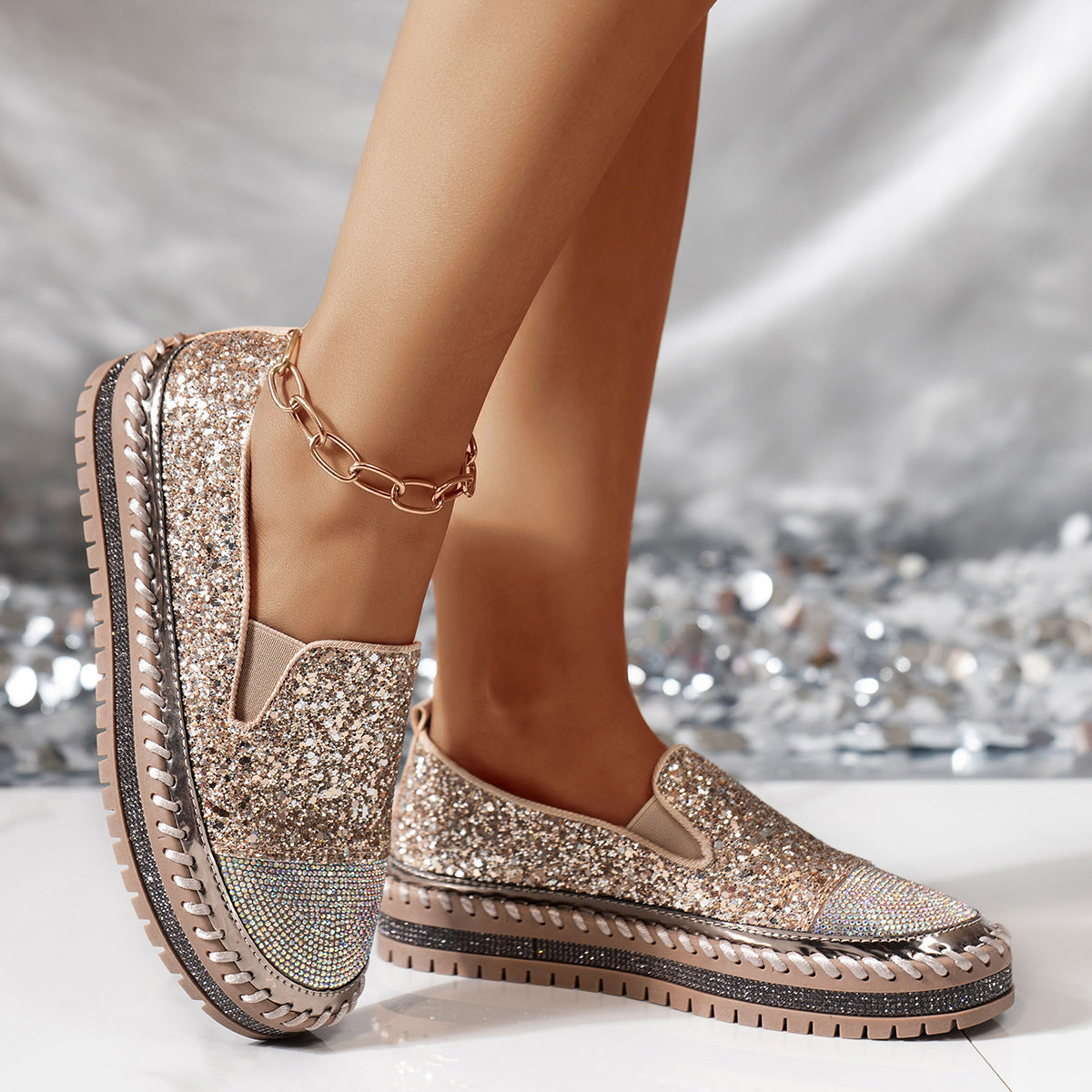 Sparkle Rhinestone Platform Slip-On Sneakers – Bling Crystal Chunky Loafers for Women