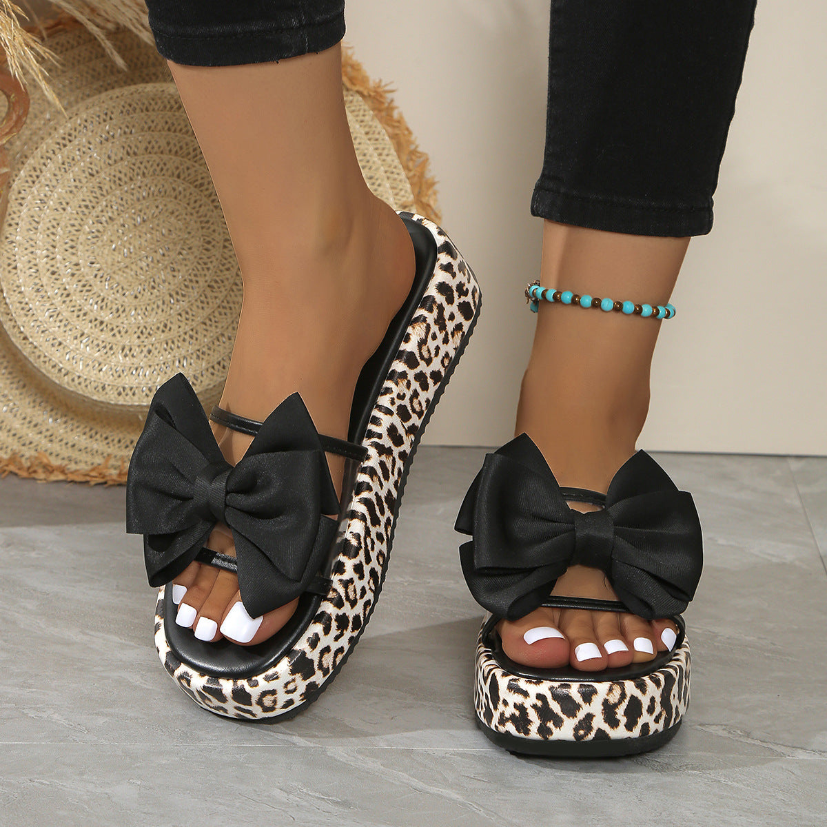 Women's Leopard Print Platform Sandals with Big Bow