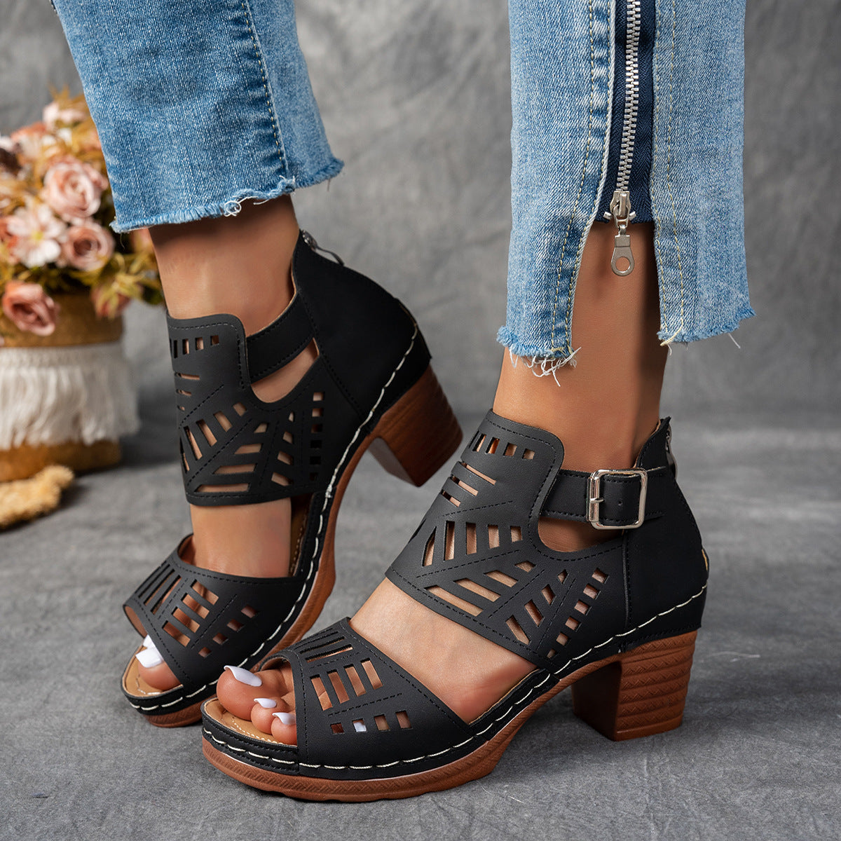 Women's Cutout Peep Toe Block Heel Sandals with Ankle Buckle & Zipper