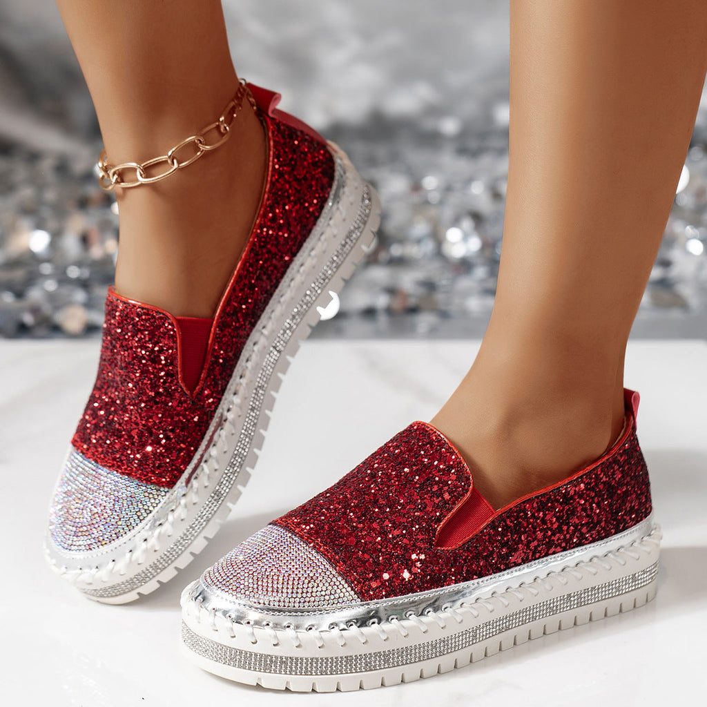 Sparkle Rhinestone Platform Slip-On Sneakers – Bling Crystal Chunky Loafers for Women