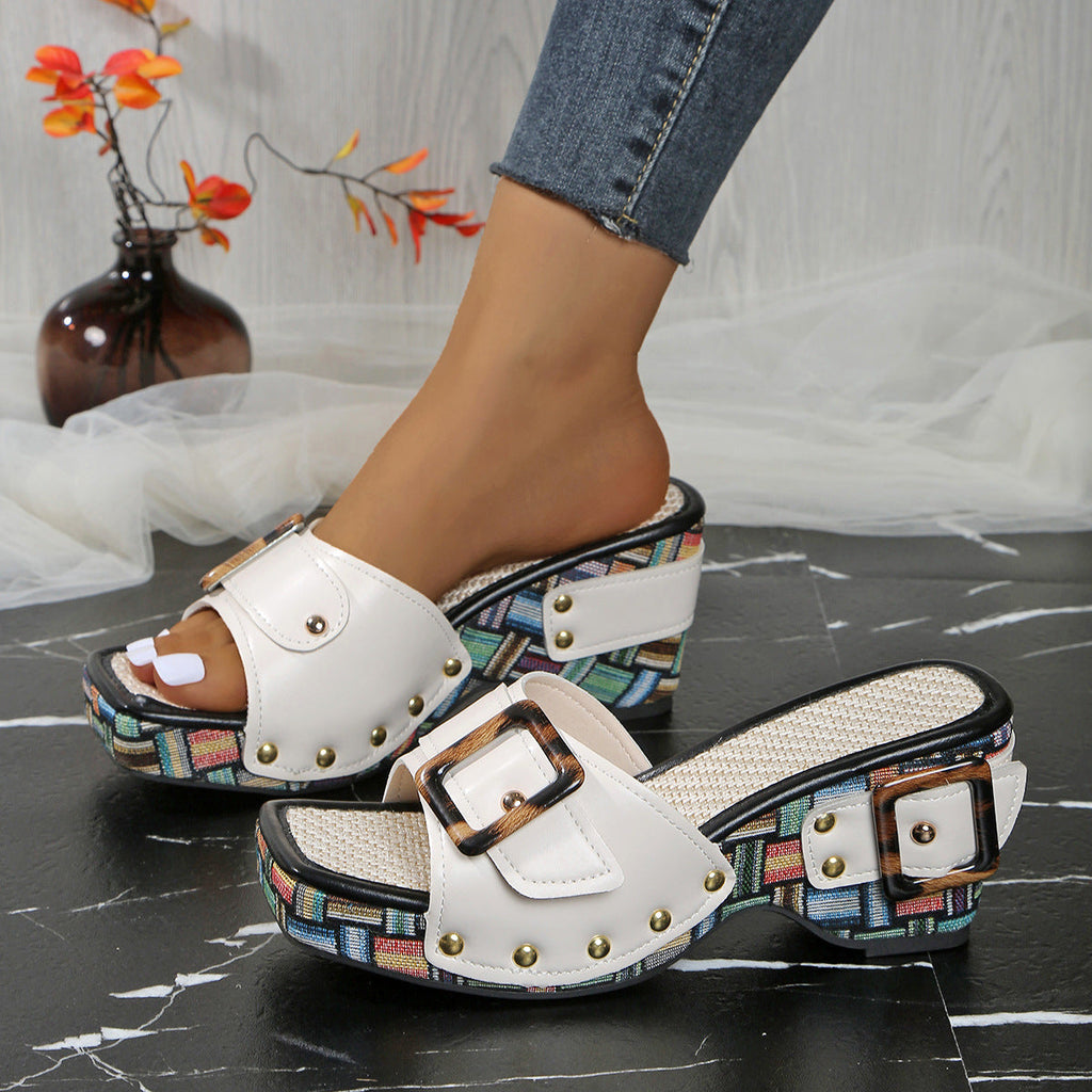 Women's Peep Toe Buckle Platform Mules with Leopard Print & Woven Block Heel