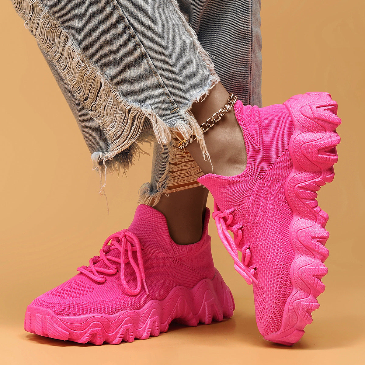 Chunky Knit Platform Sneakers - Thick Sole Casual Shoes