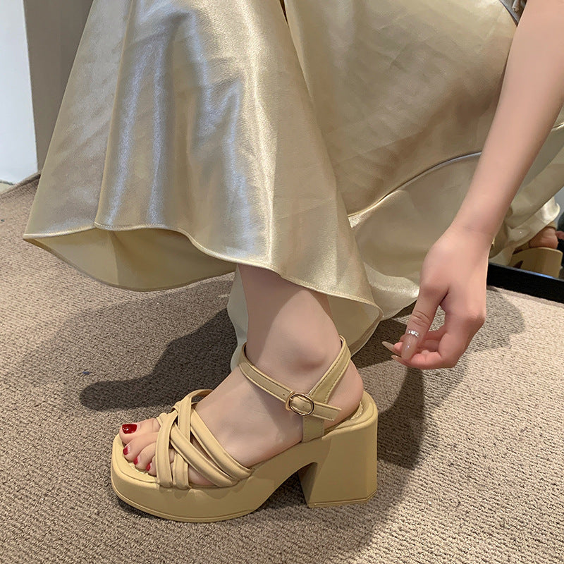 Women's Chunky Platform Block Heel Sandals – Crisscross Strappy Ankle Buckle Heels