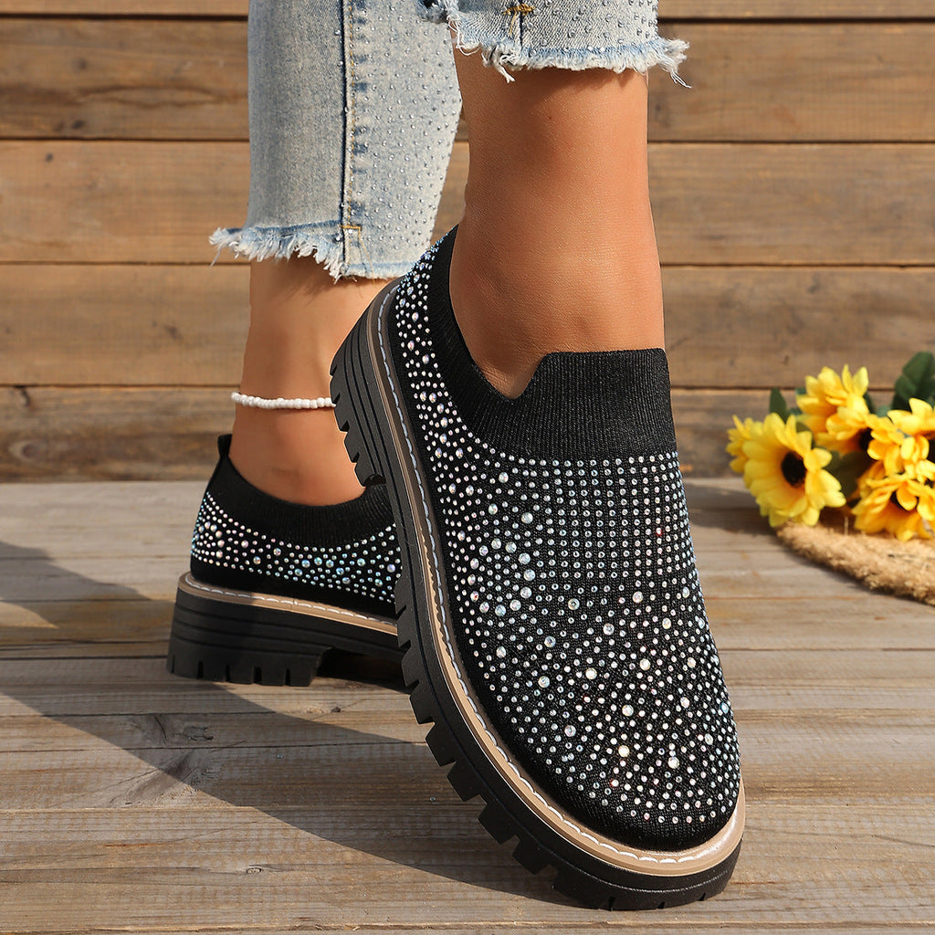 Women's Sparkly Rhinestone Knit Platform Slip-On Loafers