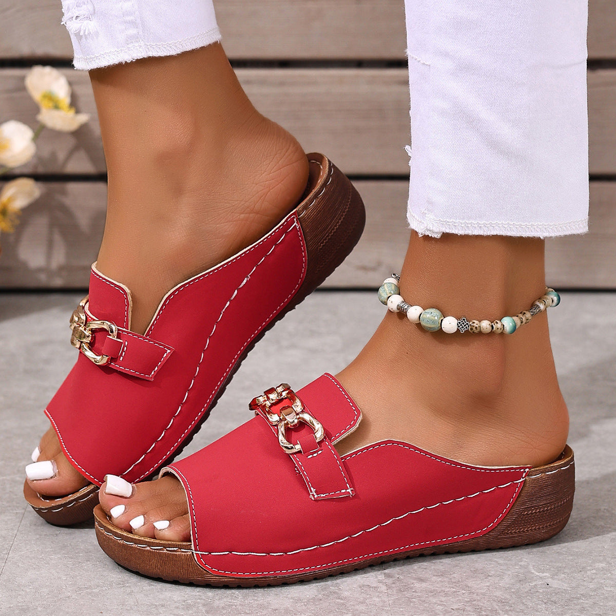 Women's Chain Buckle Peep Toe Wedge Platform Mules
