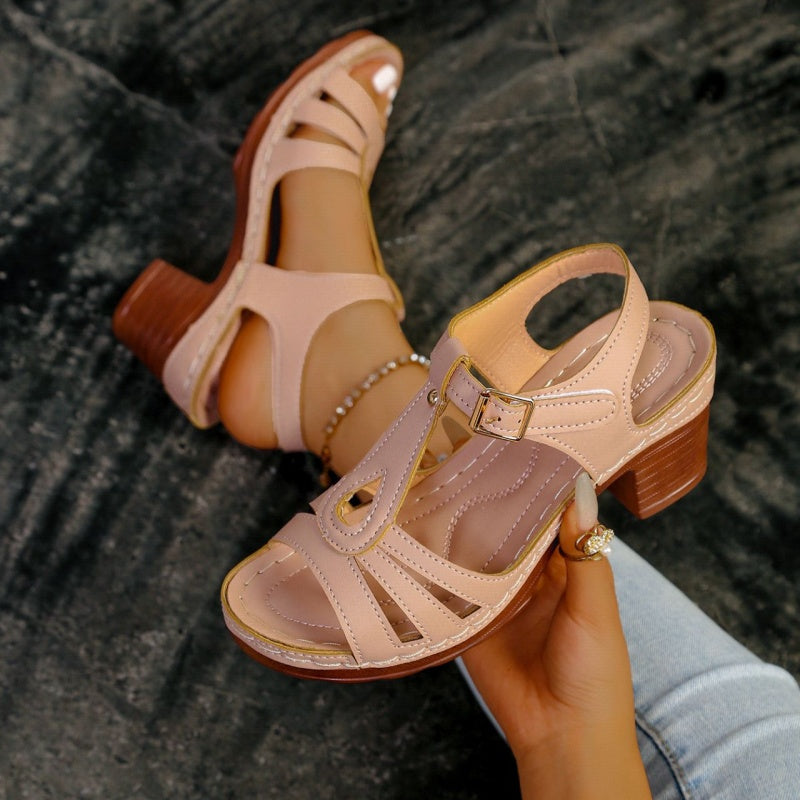 Women's 7cm Chunky Block Heel Sandals - T-Strap Cutout Platform Sandals