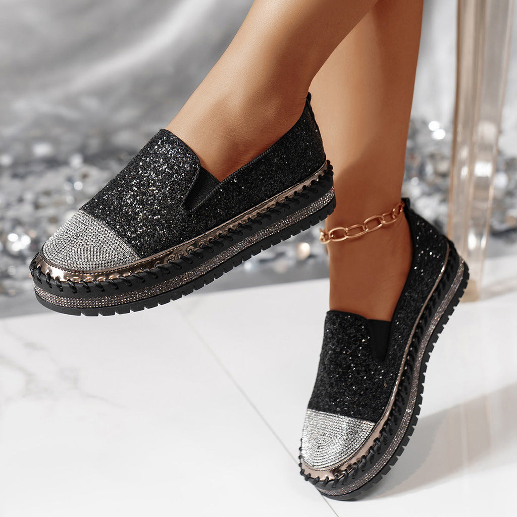 Sparkle Rhinestone Platform Slip-On Sneakers – Bling Crystal Chunky Loafers for Women