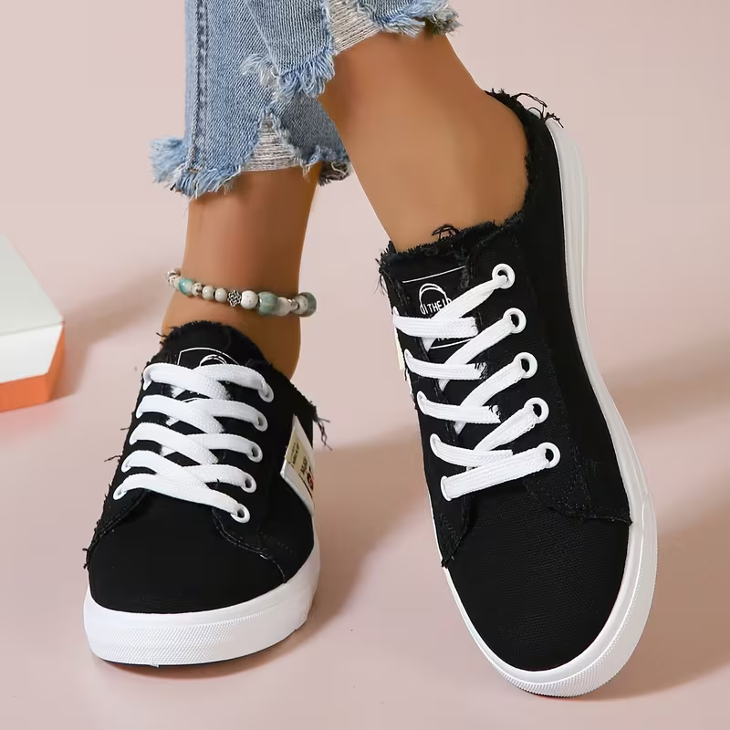 Women's Casual Canvas Slip-On Sneakers – Distressed Frayed Edge Mule Shoes