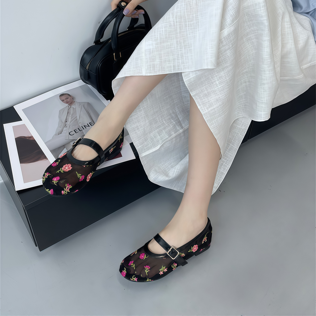 Women's Floral Embroidered Mesh Mary Jane Flats with Buckle Strap