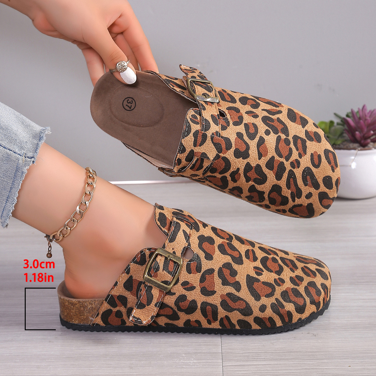 Women's Birkenstock Style Suede Buckle Clogs with Cork Footbed