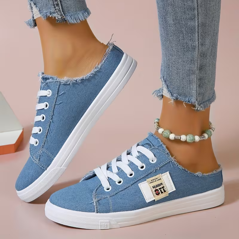 Women's Casual Canvas Slip-On Sneakers – Distressed Frayed Edge Mule Shoes