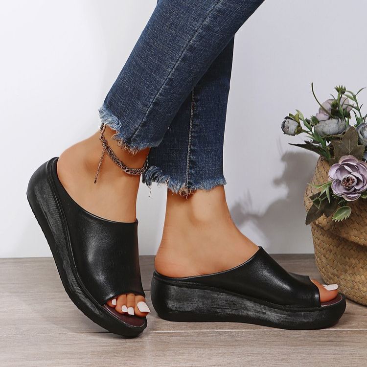 Women's Chunky Platform Peep Toe Wedge Slide Mules