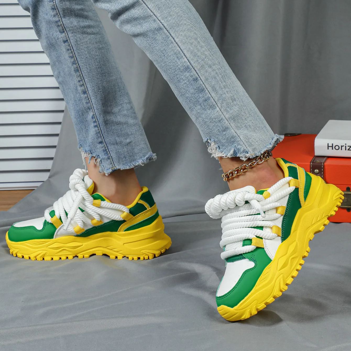Women's Chunky Platform Colorblock Sneakers – Thick Sole Rope Lace Dad Shoes
