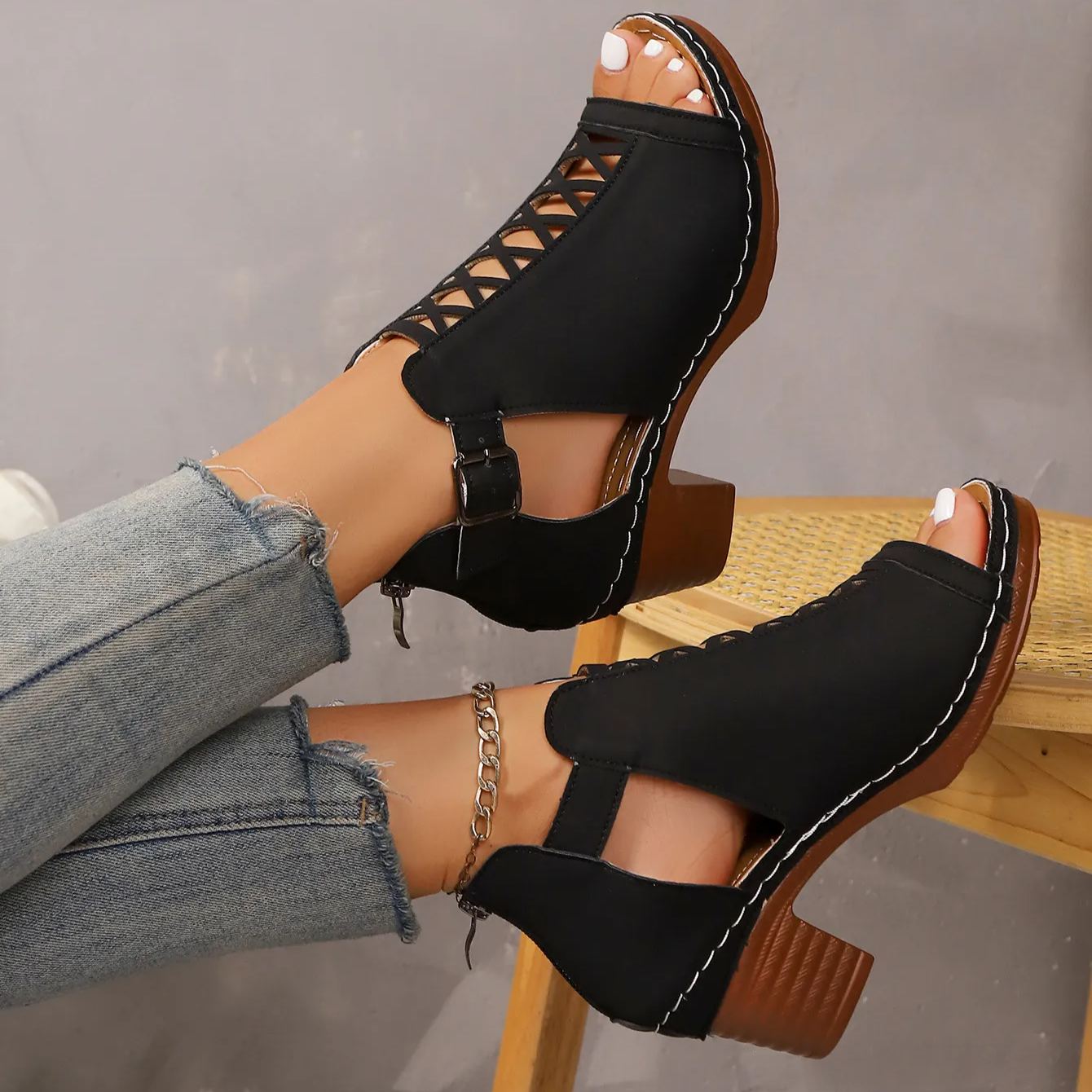 Women's Crisscross Cutout Peep Toe Block Heel Sandals – Ankle Buckle Strap Chunky Heels