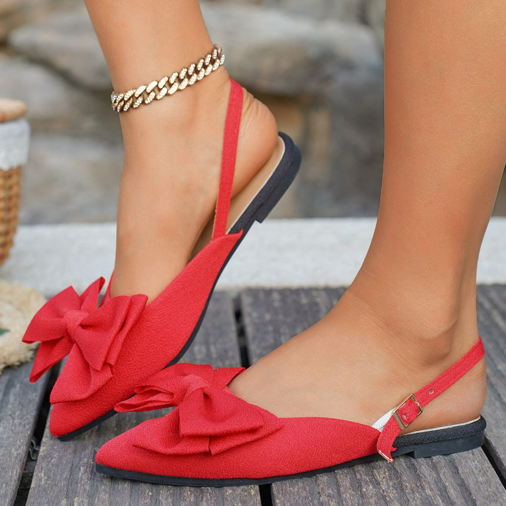 Women's Big Bow Slingback Flats – Pointed Toe Bowknot Ballet Shoes with Ankle Buckle Strap