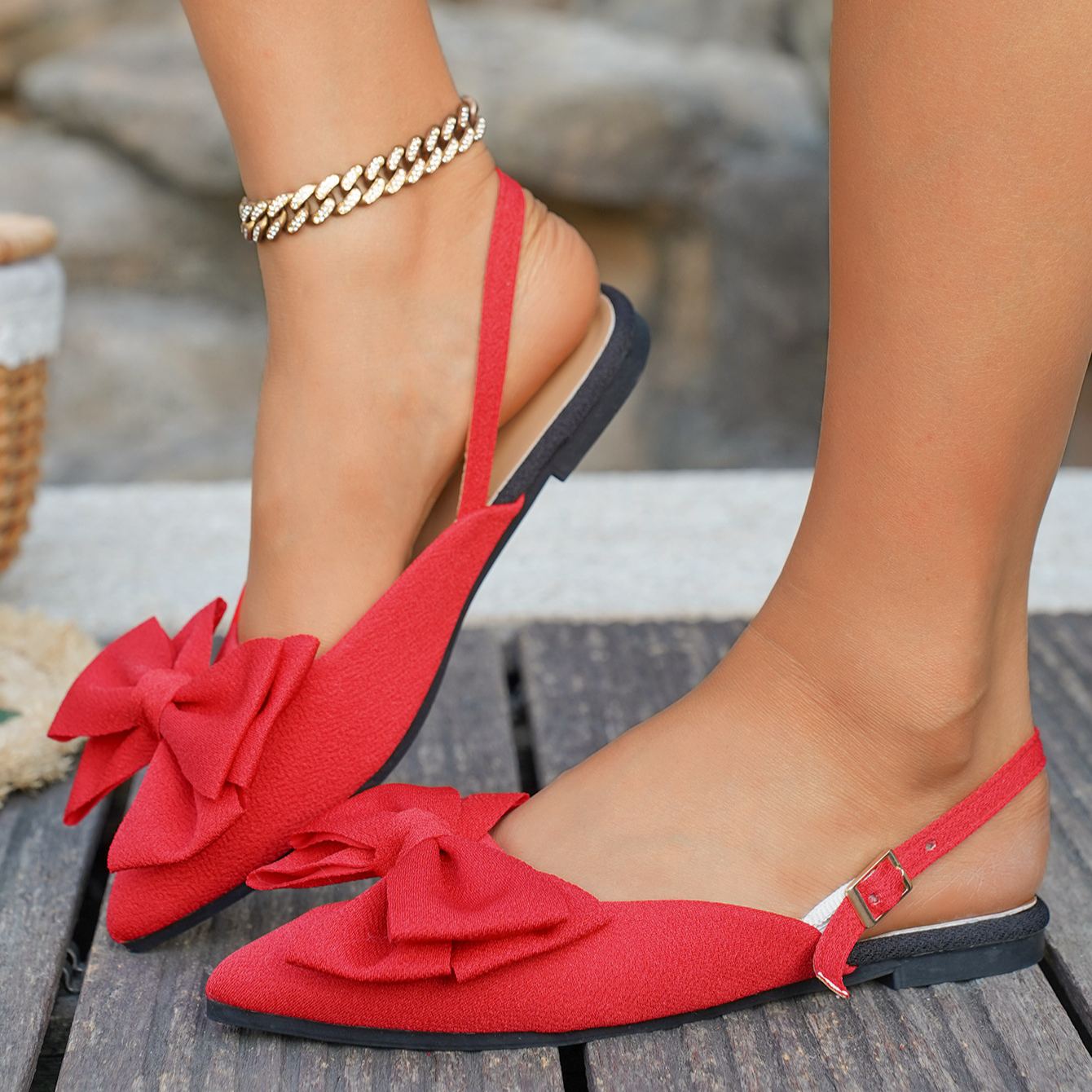 Women's Big Bow Slingback Flats – Pointed Toe Bowknot Ballet Shoes with Ankle Buckle Strap