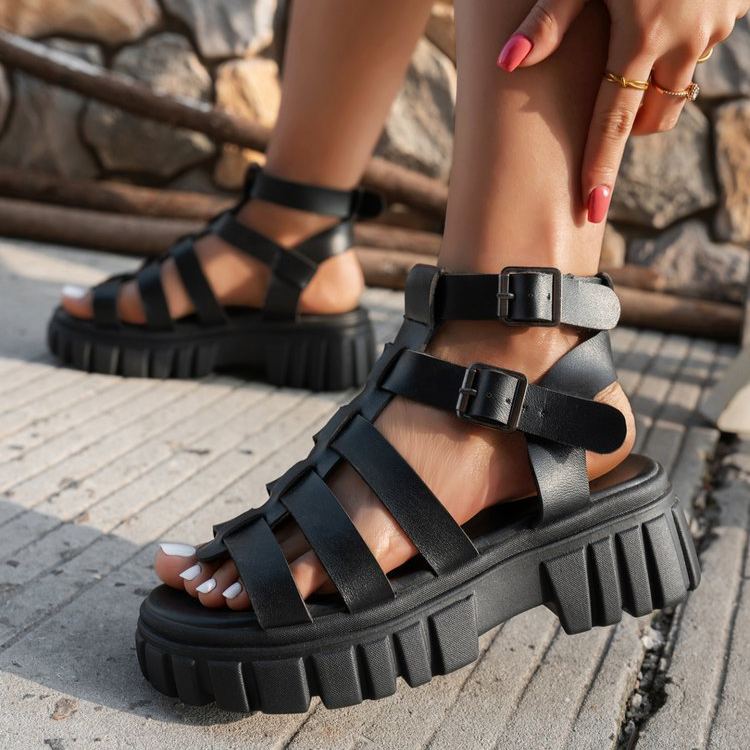 Women's Black Chunky Platform Gladiator Sandals – Multi-Strap Buckle Ankle Strap Open Toe 6cm