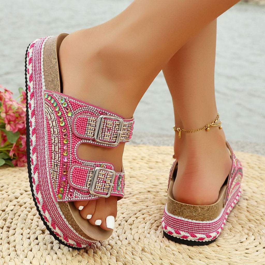 Women's Rhinestone Double Buckle Platform Sandals – Chunky Beaded Summer Slides