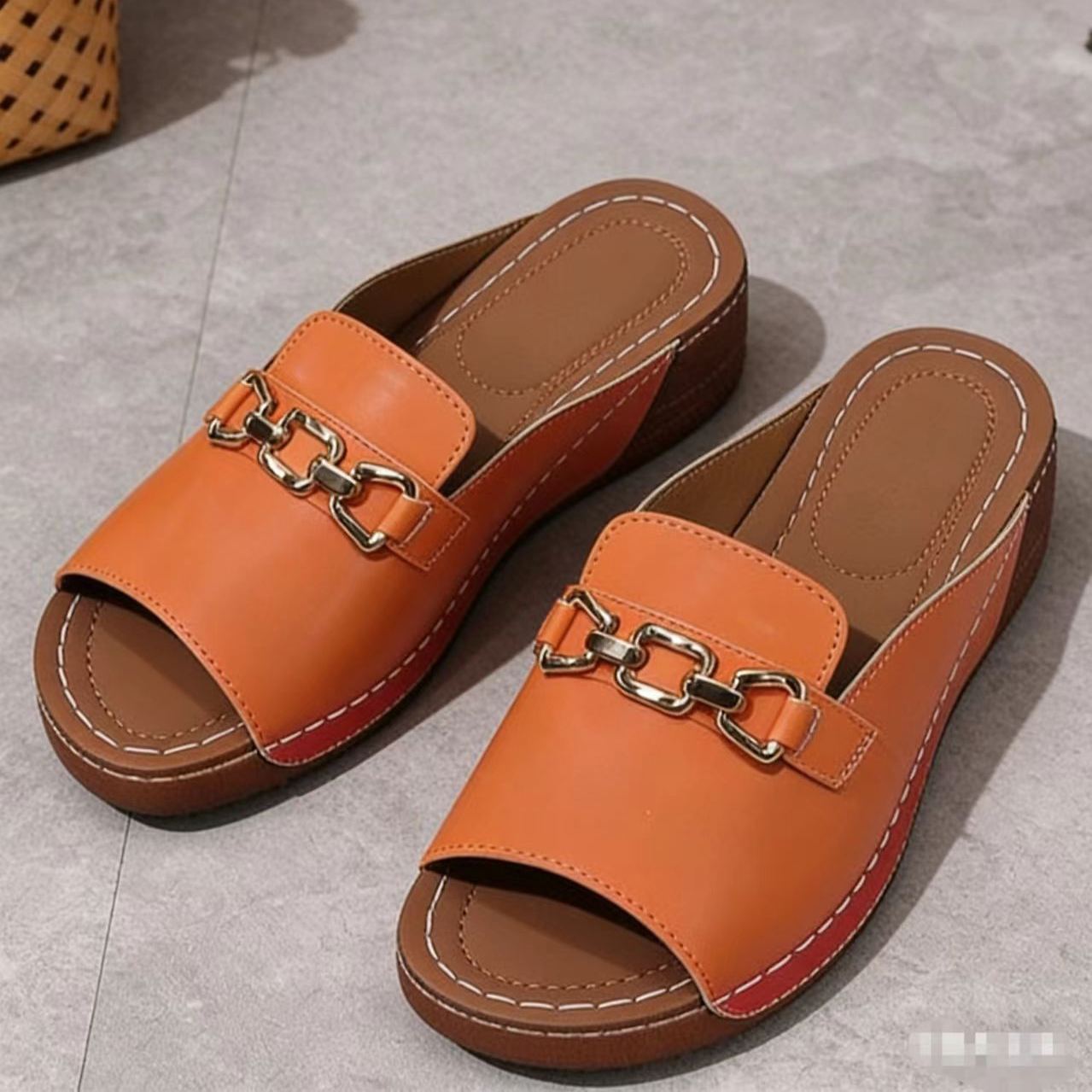Women's Chain Buckle Peep Toe Wedge Platform Mules