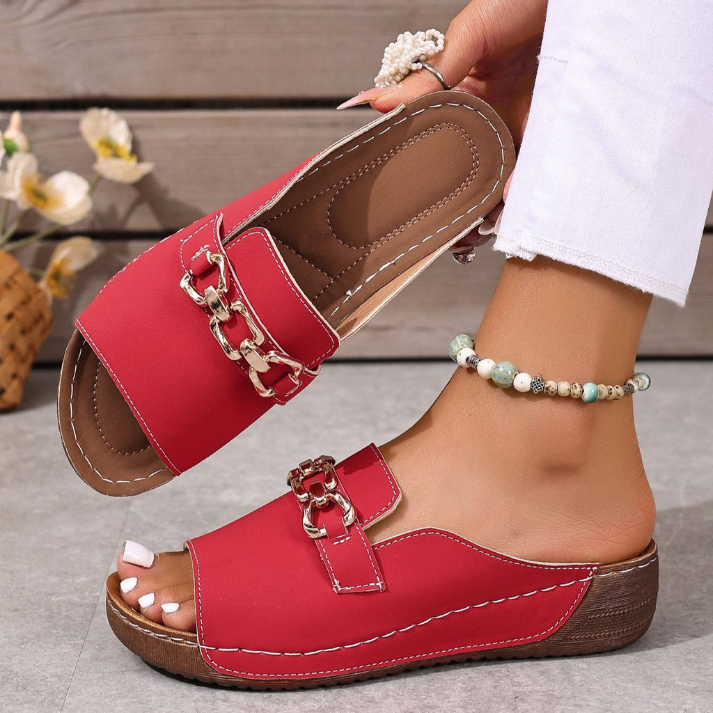 Women's Chain Buckle Peep Toe Wedge Platform Mules