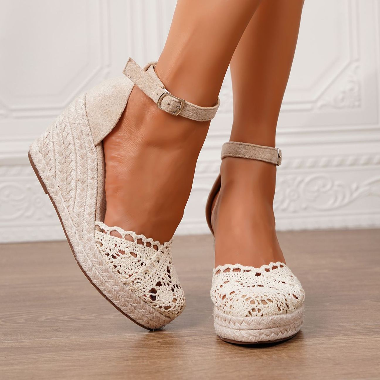 Women's Crochet Espadrille Wedge Sandals with Ankle Buckle