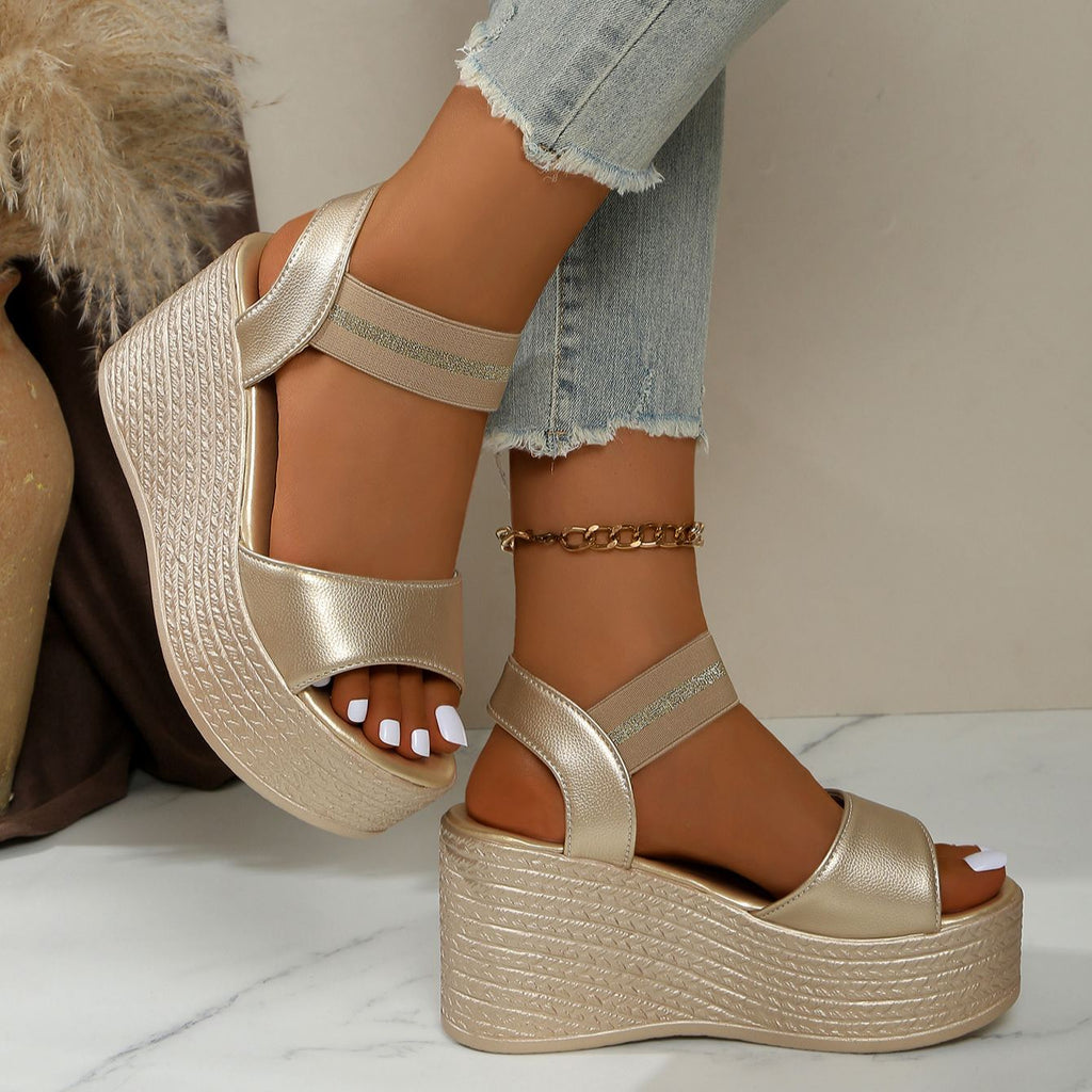 Platform Wedge Sandals with Glitter Ankle Strap - 9cm Heel