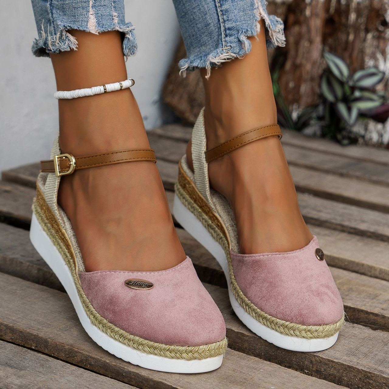 Women's Platform Wedge Espadrille Sandals - Comfortable Ankle Strap Suede Wedges with Jute Detail