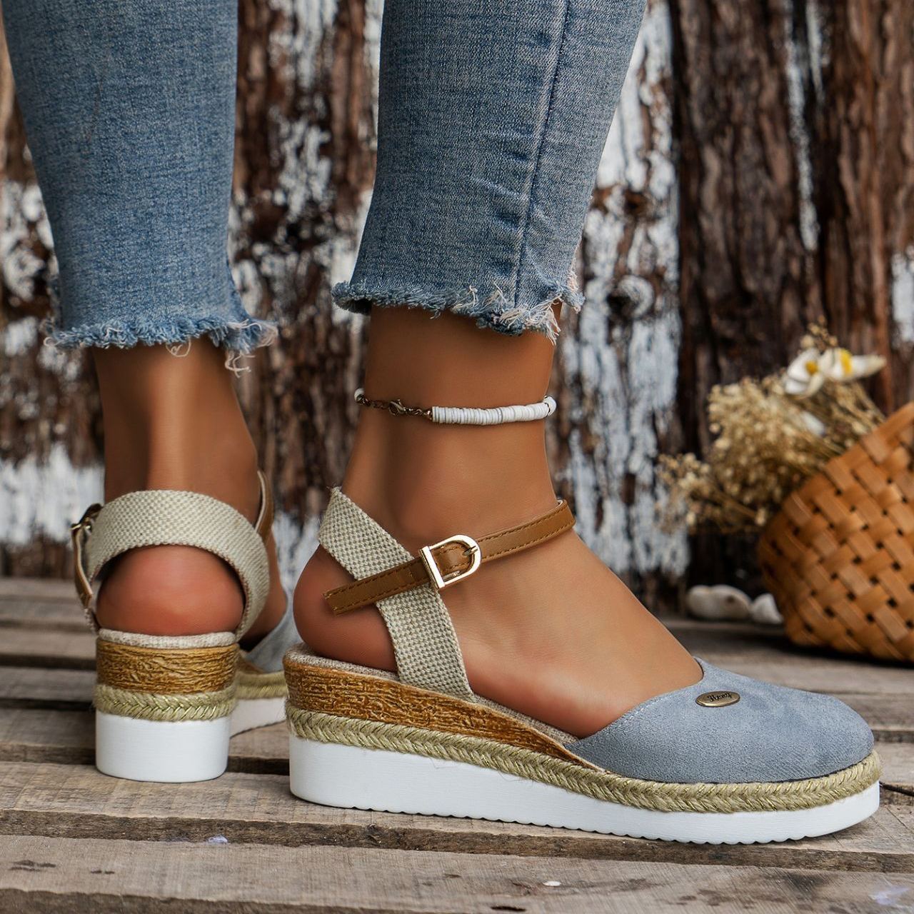 Women's Platform Wedge Espadrille Sandals - Comfortable Ankle Strap Suede Wedges with Jute Detail