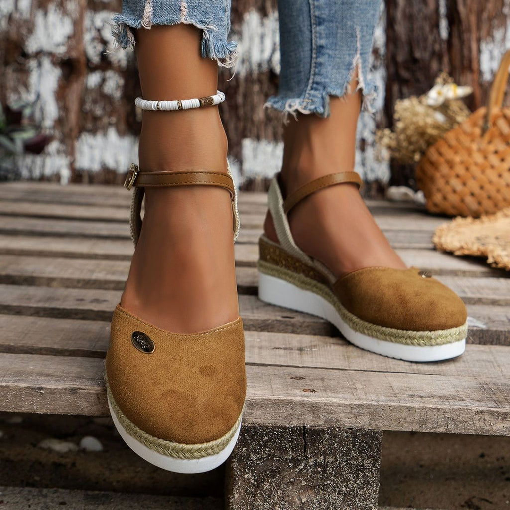 Women's Platform Wedge Espadrille Sandals - Comfortable Ankle Strap Suede Wedges with Jute Detail