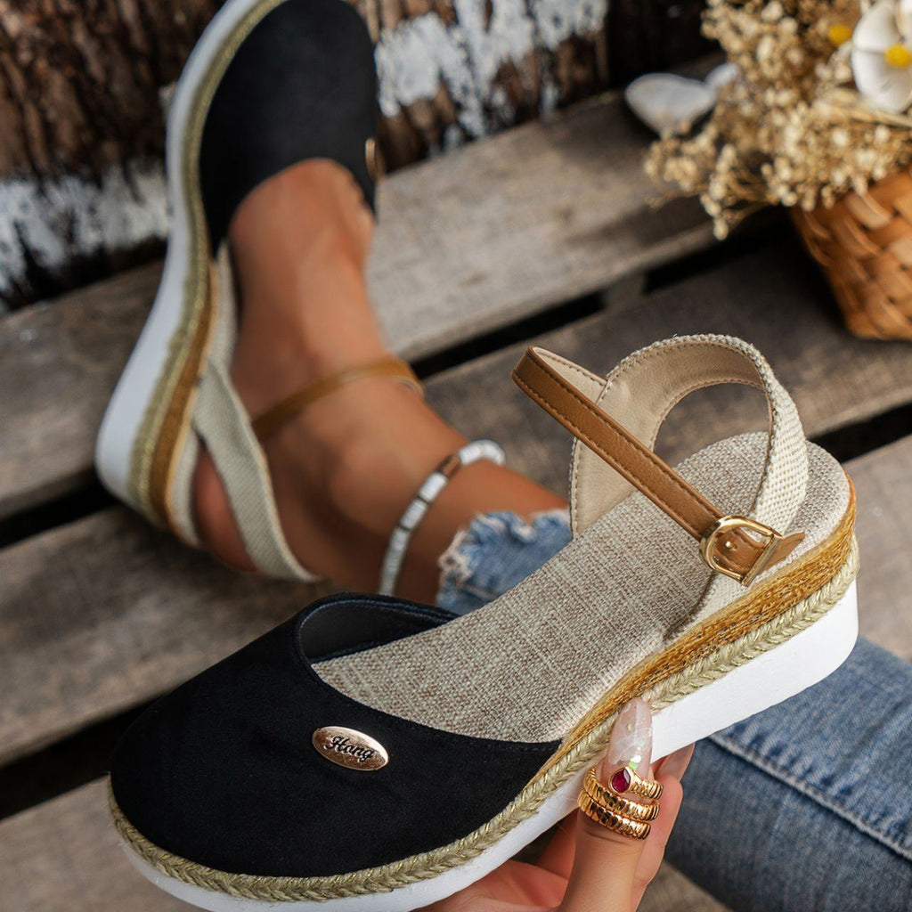 Women's Platform Wedge Espadrille Sandals - Comfortable Ankle Strap Suede Wedges with Jute Detail