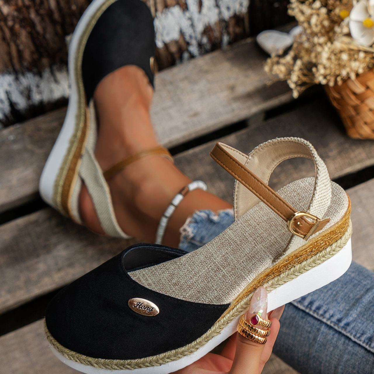 Women's Platform Wedge Espadrille Sandals - Comfortable Ankle Strap Suede Wedges with Jute Detail