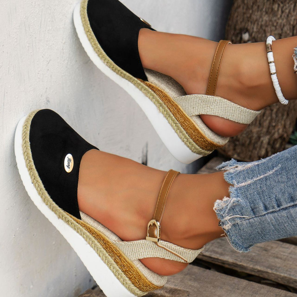 Women's Platform Wedge Espadrille Sandals - Comfortable Ankle Strap Suede Wedges with Jute Detail