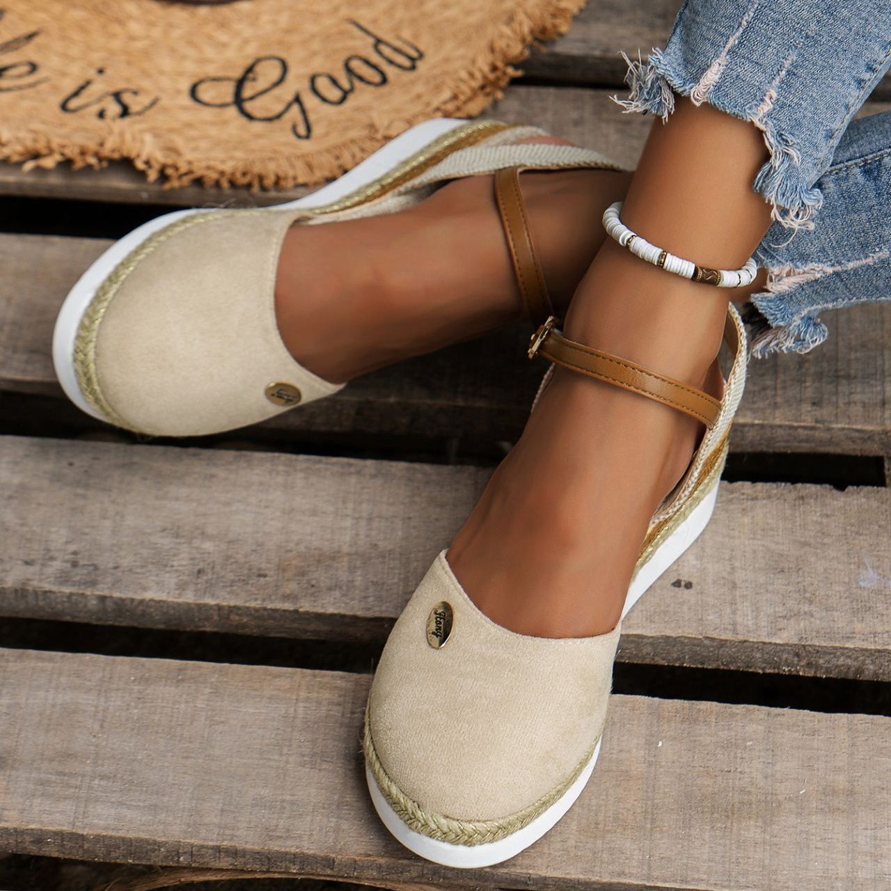 Women's Platform Wedge Espadrille Sandals - Comfortable Ankle Strap Suede Wedges with Jute Detail